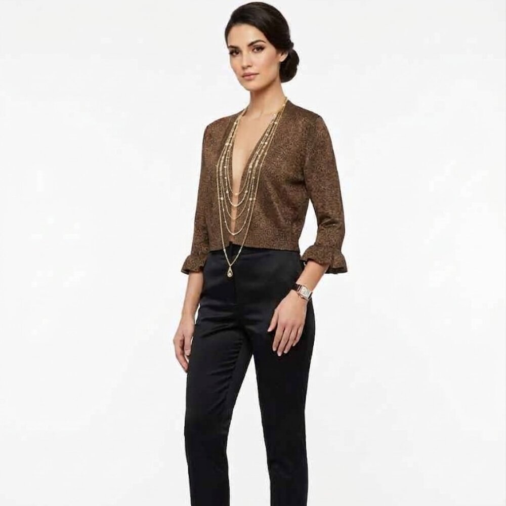 NWT Nina Leonard Gold Shimmer Metallic Bolero Cardigan Black Ruffle Cuff sz L